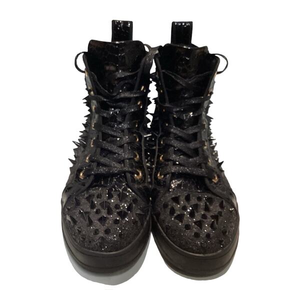 FI-2369 Black Glitter Black Spikes Lace up High top Sneaker Encore by Fiesso main image 7
